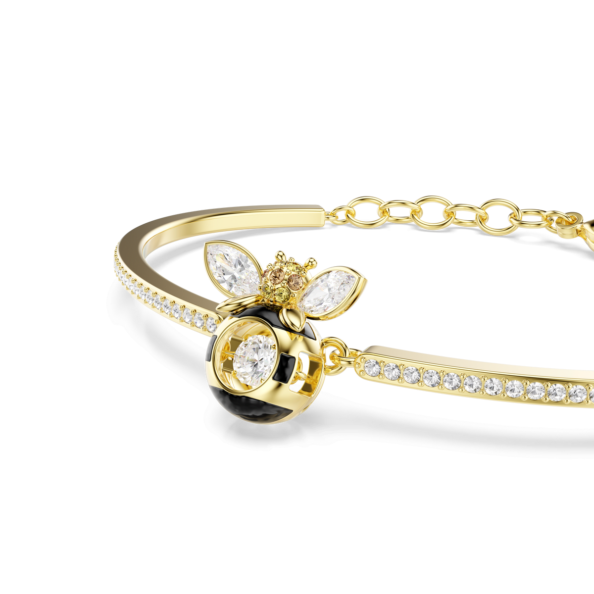 Introducing the Swarovski Idyllia bangle—a mesmerizing piece of crystal jewelry from Swarovski. This multicolored 18K gold finish bangle features a charming bee with crystal wings and a black-striped body, adorned with sparkling clear gemstones along the band, all set against a white background. A brilliant accessory perfect for any occasion.