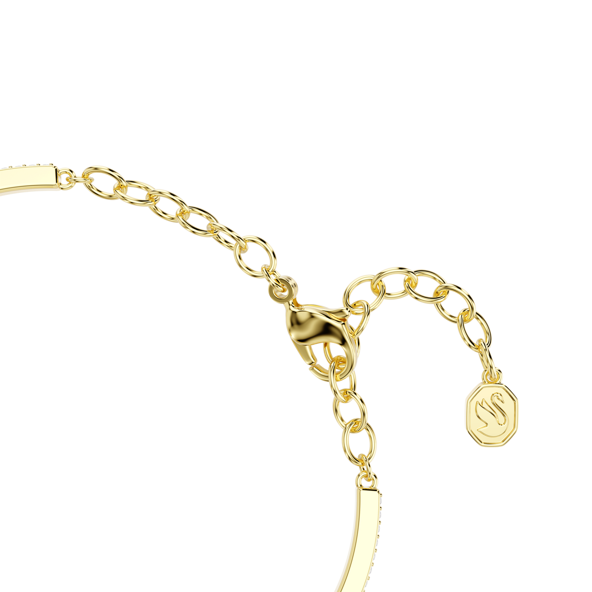 Close-up of the Swarovski Idyllia bangle, featuring an elegant 18K gold finish with mixed cut crystals and a bee motif, styled as refined crystal jewelry on a plain white background.