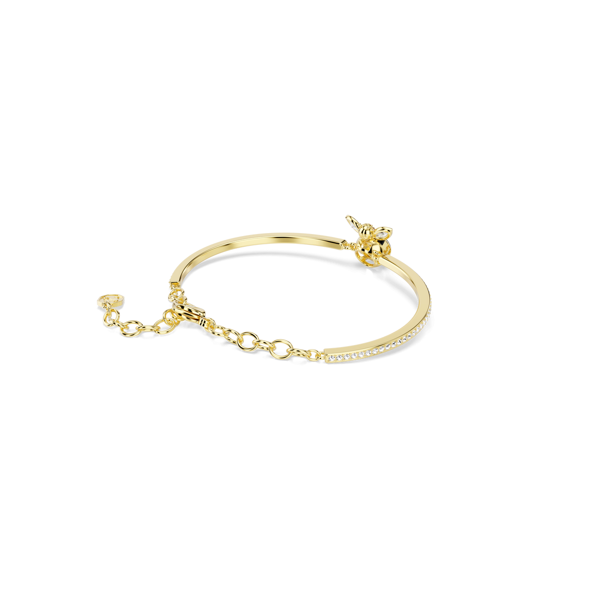 Introducing the Swarovski Idyllia bangle: a dazzling 18K gold-finish bracelet adorned with mixed-cut crystals and a charming multicolored bee motif, shown against a white background—an elegant piece of Swarovski jewelry perfect for any occasion.