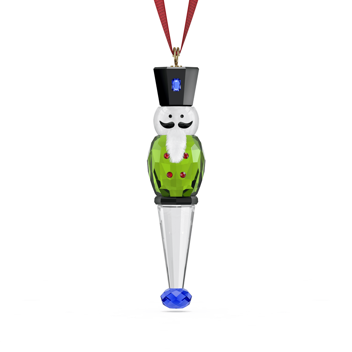 The Swarovski Holiday Cheers Nutcracker Ornament, Green, by Swarovski features a black hat, green jacket, red buttons, and a white beard. Suspended from a festive red ribbon, this dazzling ornament showcases a clear pointed lower half for extra sparkle—making it the perfect addition to your holiday décor.