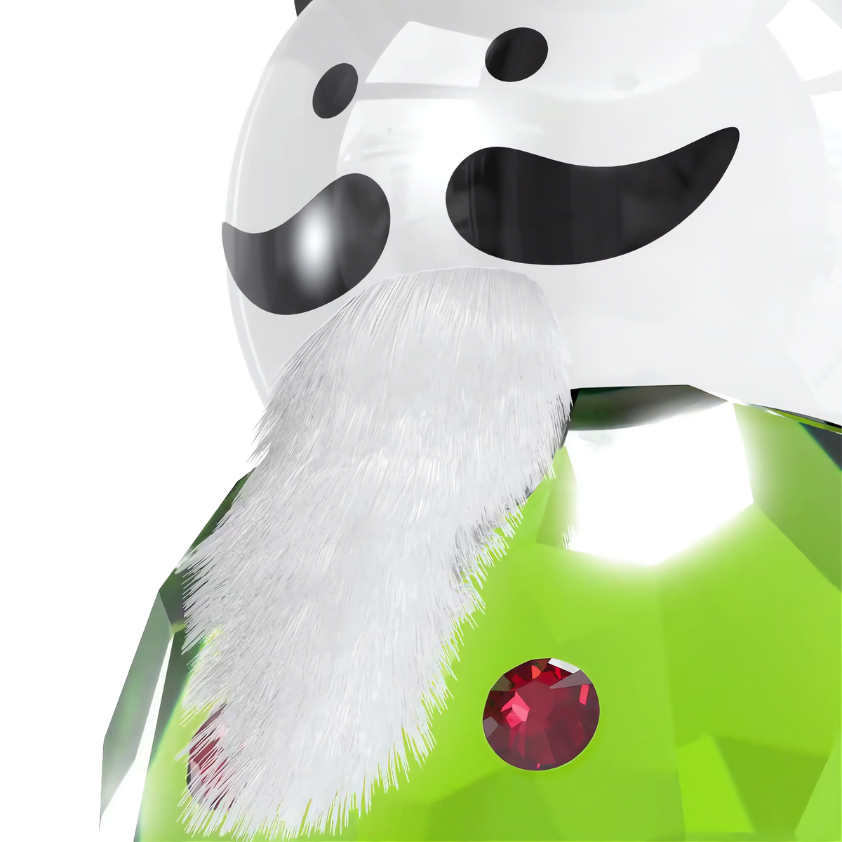 Experience the Swarovski Holiday Cheers Nutcracker Ornament in Green—a sparkling, abstract figure with a white beard, black mustache, green body, and a red gem-like button on its chest from Swarovski—set against a plain white background.