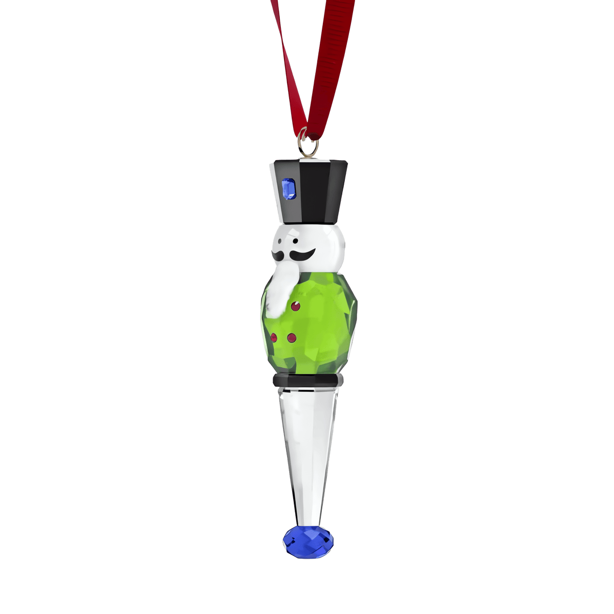 Add a dazzling touch to your holiday décor with the Swarovski Holiday Cheers Nutcracker Ornament, Green—a sparkling ornament featuring a nutcracker design in rich green hues, crafted by Swarovski and suspended from a festive red ribbon.