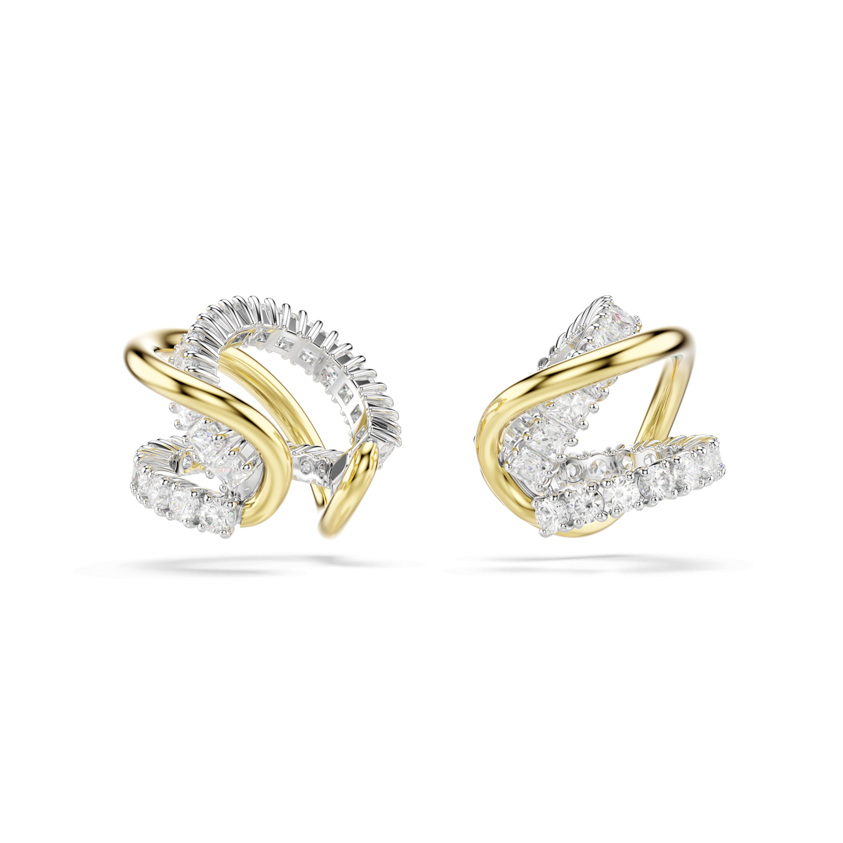Swarovski Hyperbola ear cuffs by Swarovski, featuring mixed cuts of shimmering Swarovski Zirconia set in a mixed metal finish with an elegant intertwined design, displayed on a white background—perfect for adding a touch of modern personal style to any look.