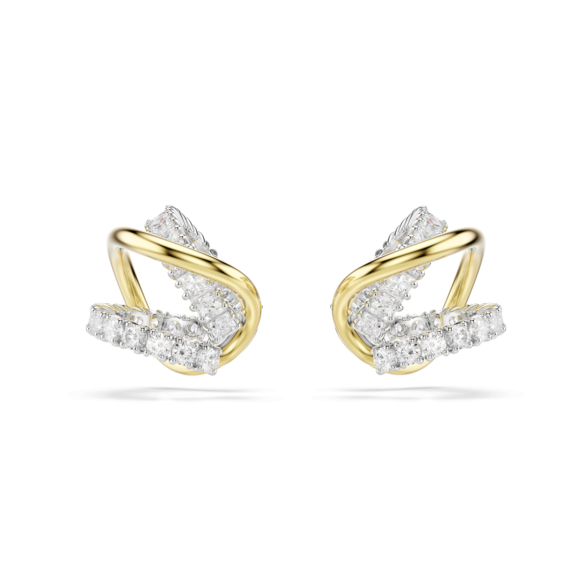 Swarovski Hyperbola ear cuffs in a mixed metal finish, featuring white stones in various cuts for a contemporary and personalized look, displayed against a plain white background.