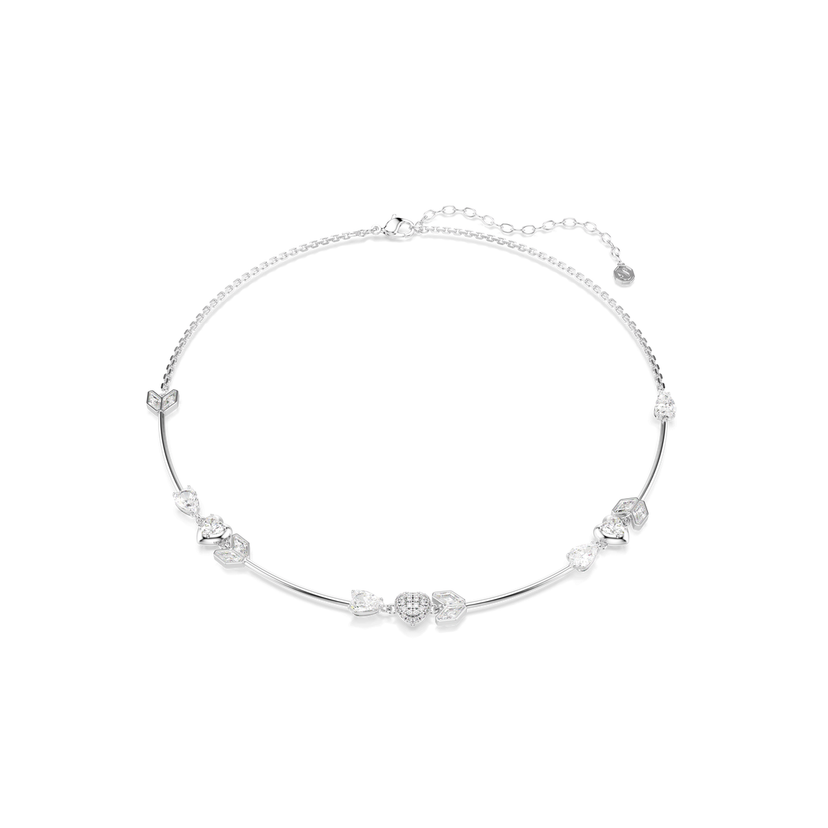 Showcasing timeless sophistication, the Swarovski Idyllia necklace features a delicate rhodium-plated chain adorned with a sparkling white heart and arrow motif, elegantly embellished with clear gemstones and decorative accents along the front.
