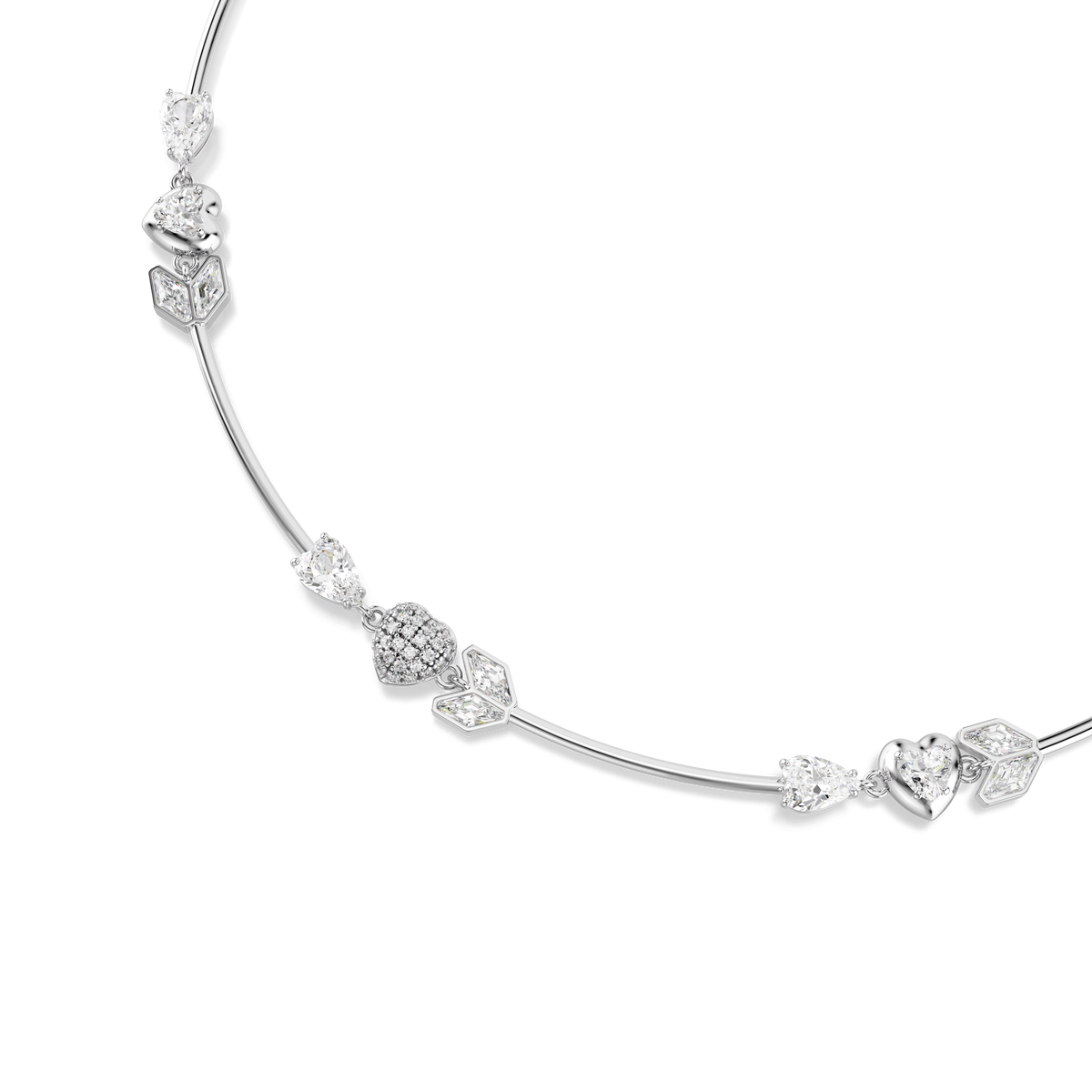 A delicate Swarovski Idyllia necklace in rhodium-plated silver, featuring heart-shaped charms with arrow motifs and white crystals evenly spaced along the chain, displayed on a plain white background.