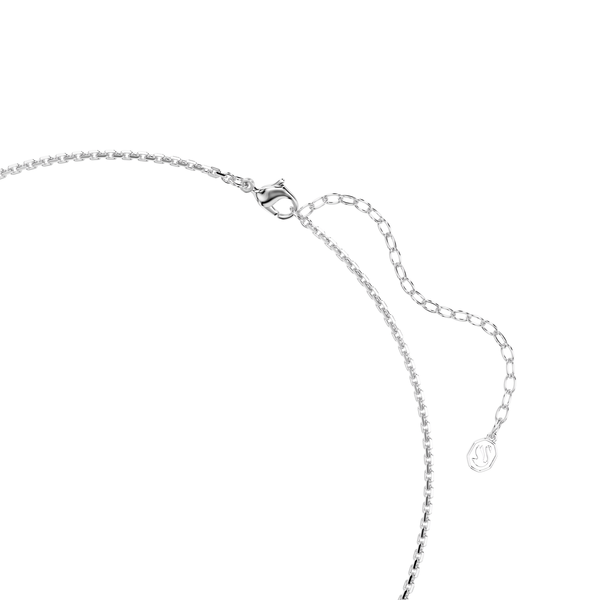 The Swarovski Idyllia necklace showcases a delicate rhodium-plated silver chain with a heart and arrow pendant, complete with a lobster clasp, adjustable extender, and an engraved logo charm—all elegantly displayed against a plain white background.