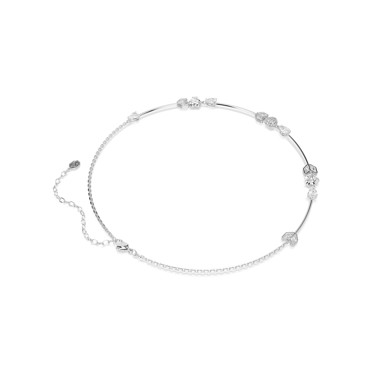 The Swarovski Idyllia necklace features a heart with arrow pendant adorned with clear crystals, suspended from a fine, adjustable rhodium-plated chain and showcased against a plain white background.