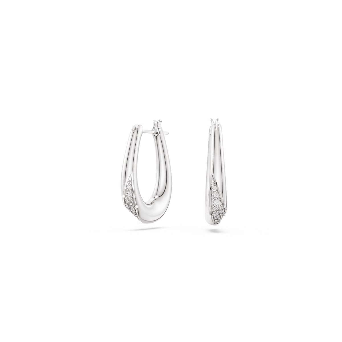 A pair of Swarovski Classica hoop earrings in sterling silver, featuring a classic round cut with a small cluster of sparkling white stones near the bottom, displayed on a plain white background. Crafted by Swarovski, these elegant small hoops combine timeless style with modern sophistication.