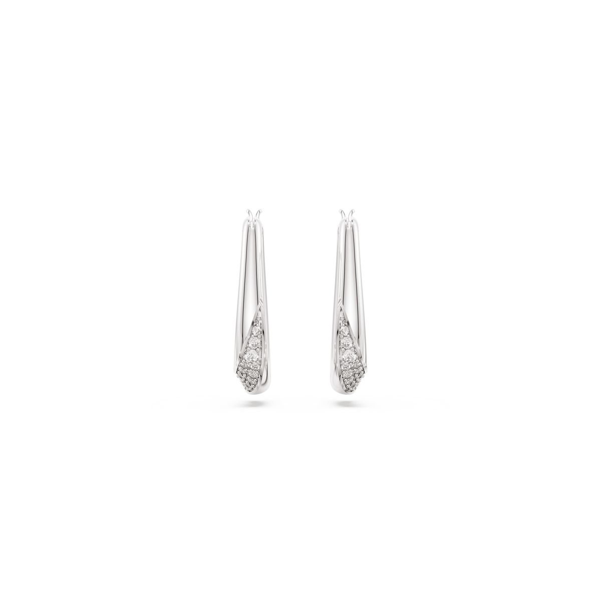 A pair of elegant Swarovski Classica hoop earrings in small, crafted from sterling silver and featuring round-cut sparkling stones, displayed on a plain white background. Made by Swarovski, these stunning earrings combine timeless beauty with sustainable craftsmanship.