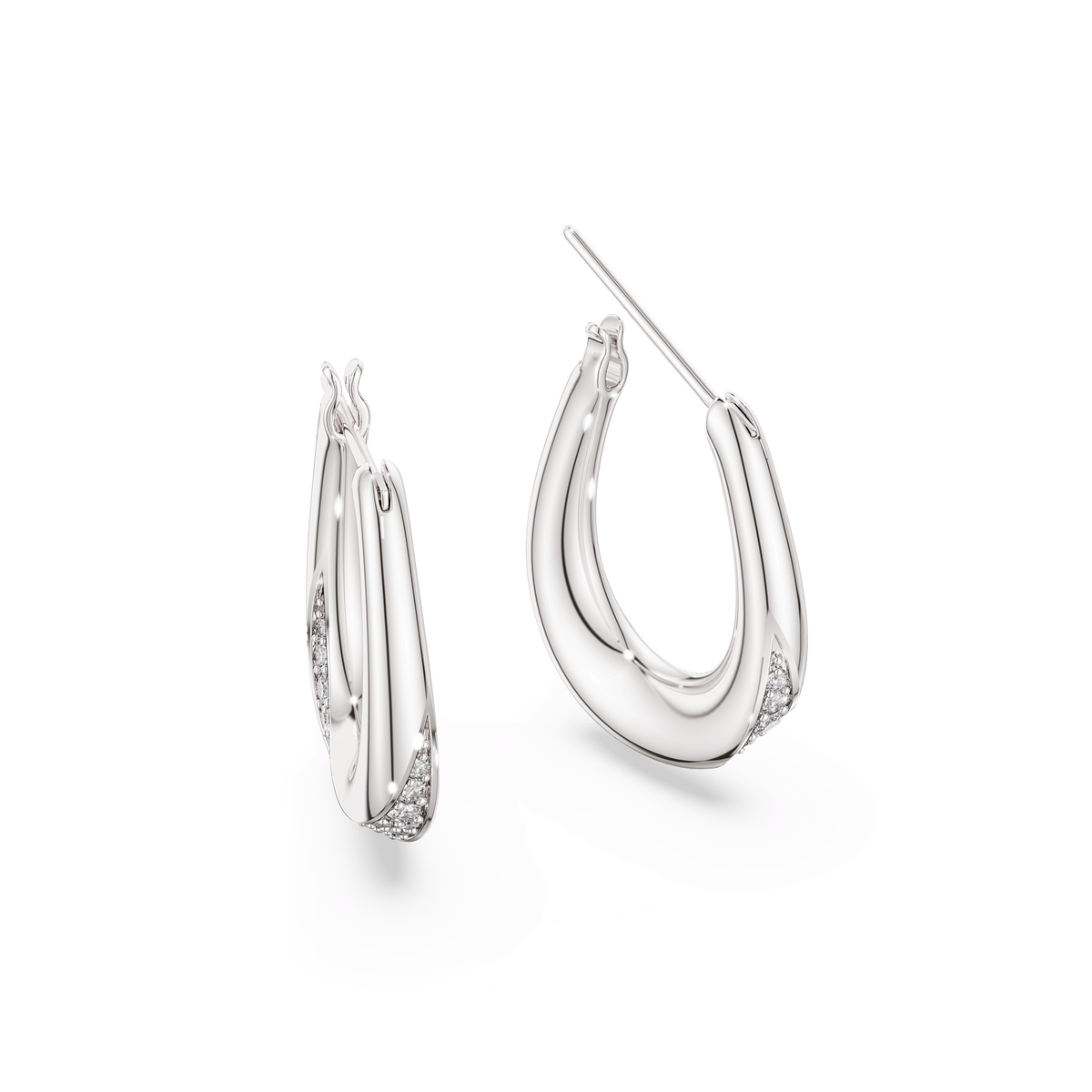 A pair of Swarovski Classica hoop earrings in polished sterling silver, featuring a small, round-cut white Swarovski Zirconia and a curved design, displayed on a white background.