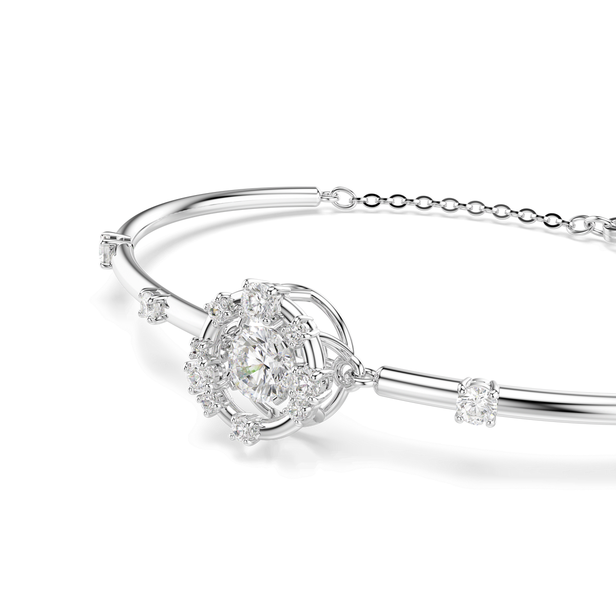 Discover the Swarovski Constella bangle, a rhodium plated bracelet showcasing a central round-cut dancing stone and sparkling white accents, beautifully displayed on a white background—the perfect embodiment of timeless elegance that defines every Swarovski design.