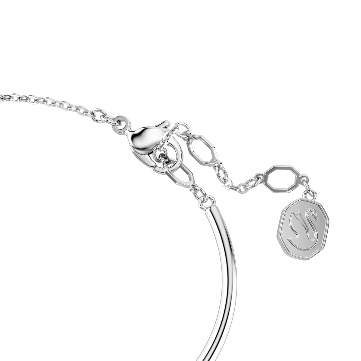 Close-up of a Swarovski Constella bangle clasp, rhodium plated and adorned with a round-cut dancing stone. The elegant chain and clasp details are highlighted against a white background.
