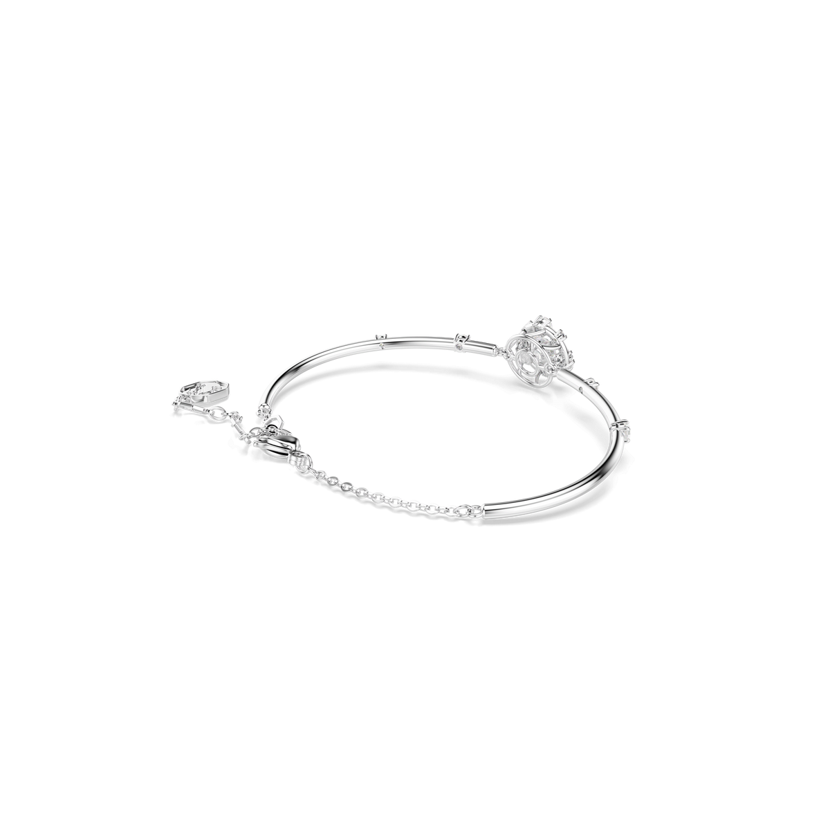 A refined Swarovski Constella bangle, featuring a round-cut dancing stone and finished with a rhodium plating, is displayed on a plain white background.