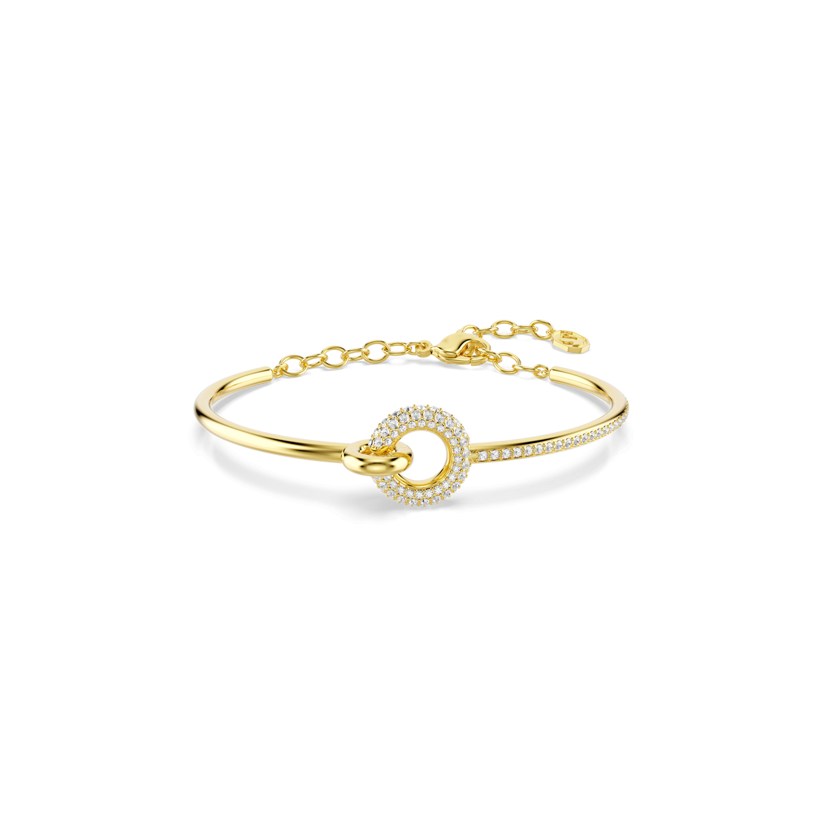 The Swarovski Dextera bangle showcases a round cut centerpiece embellished with white stones and clear crystals, crafted with an elegant 18K gold finish. The adjustable chain and clasp complete this refined gold bracelet by Swarovski, displayed against a white background.