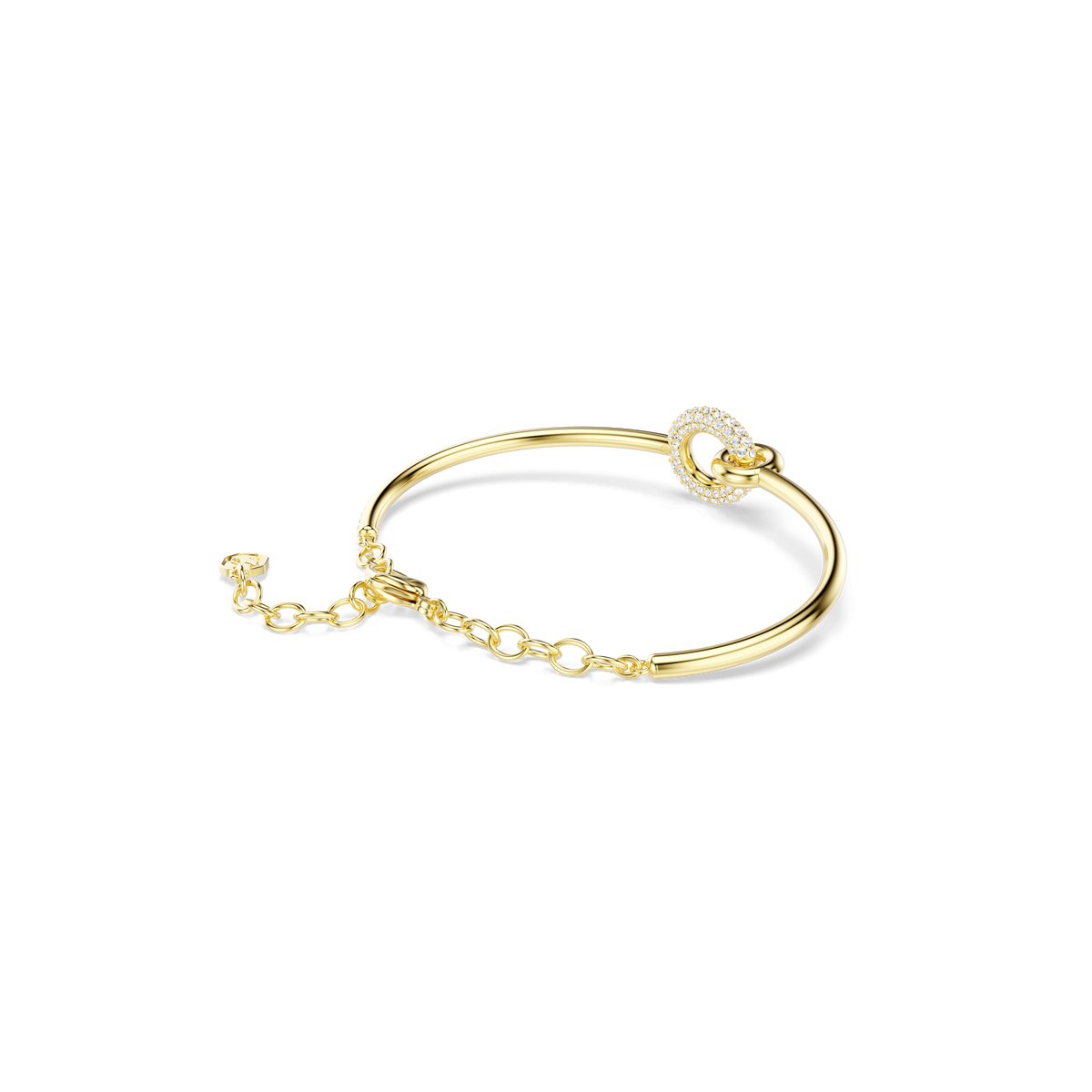 The Swarovski Dextera bangle features a delicate chain and a circular, crystal-encrusted clasp, accented with sparkling clear round-cut crystals and finished in elegant 18K gold. This sophisticated piece by Swarovski is showcased against a plain white background.