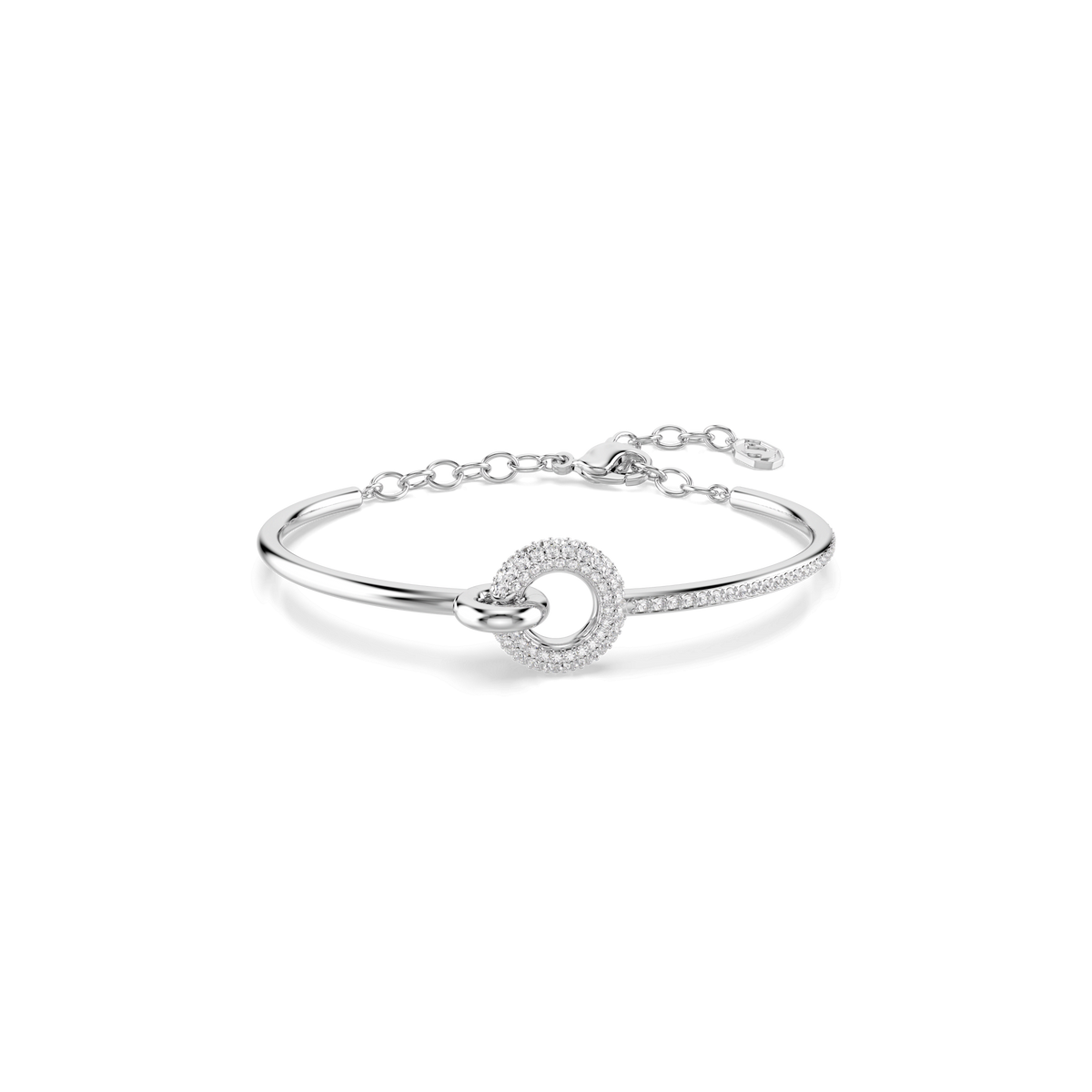 Swarovski Dextera bangle, round cut and rhodium plated, featuring sparkling clear crystals and an adjustable chain clasp, elegantly displayed on a plain white background.
