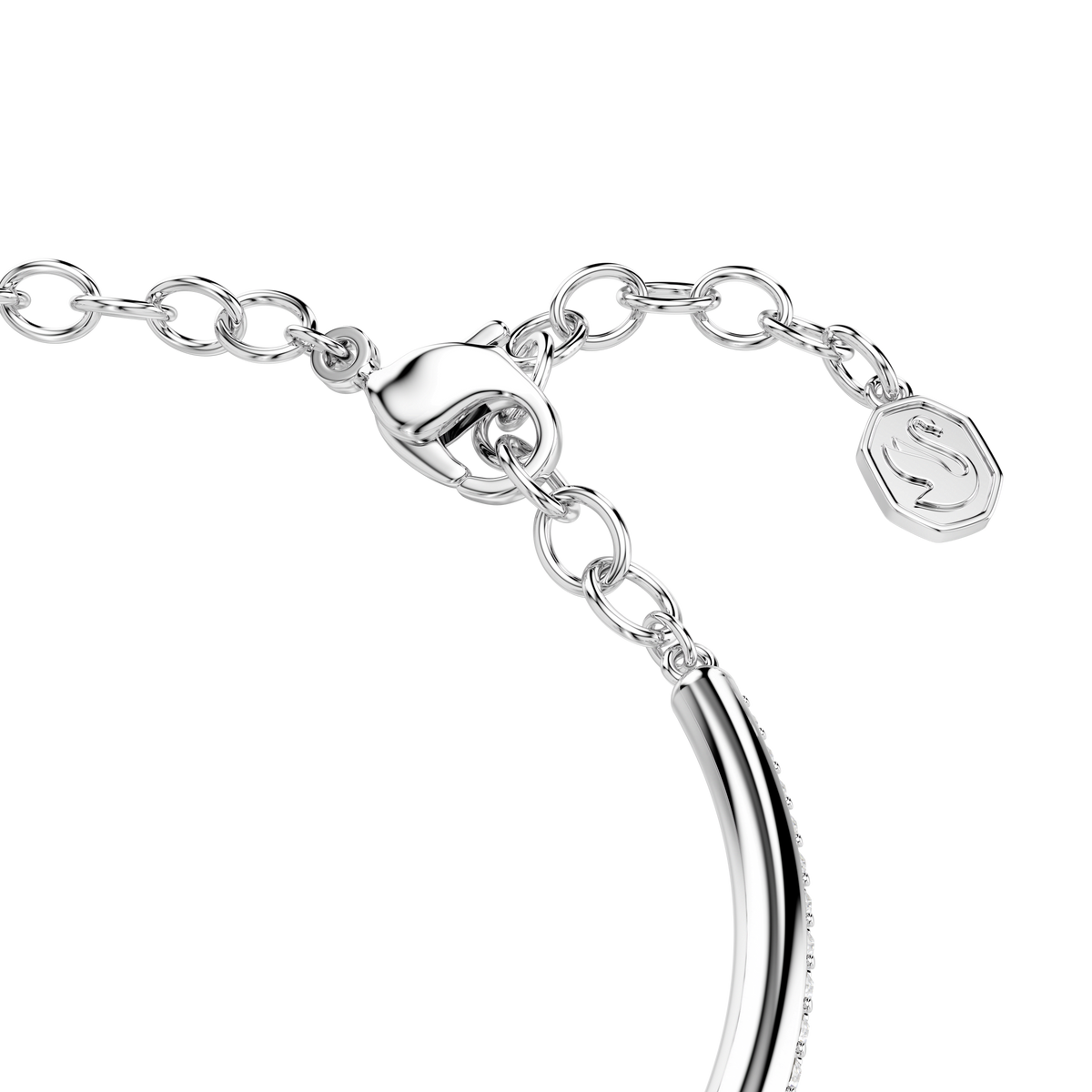 Close-up of the Swarovski Dextera bangle featuring round-cut white crystals and a rhodium-plated finish, set against a white background.