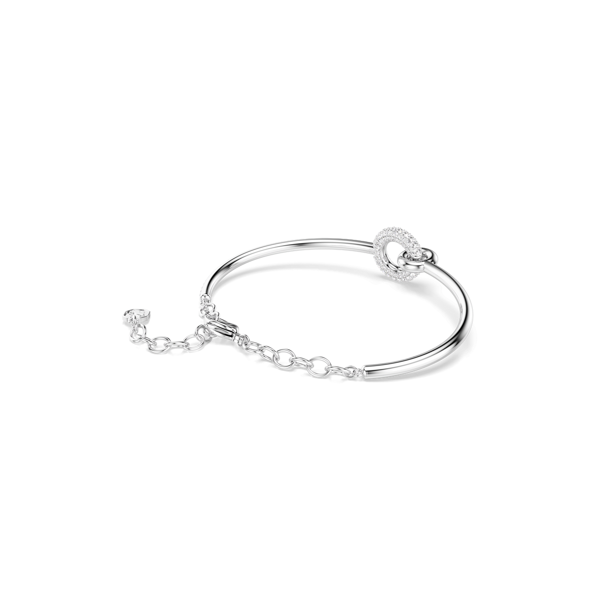 The Swarovski Dextera bangle features a round cut, rhodium-plated design with shimmering white crystals and an adjustable chain clasp, showcased against a white background.