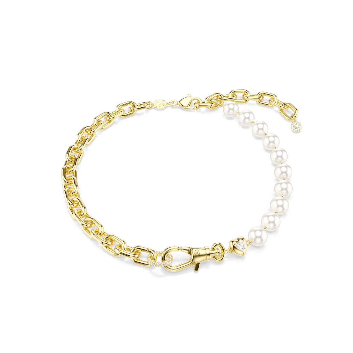The Swarovski Idyllia necklace, featuring radiant white crystal pearls and gleaming 18K gold-finished chain links joined by a gold clasp, is elegantly presented on a plain white background.