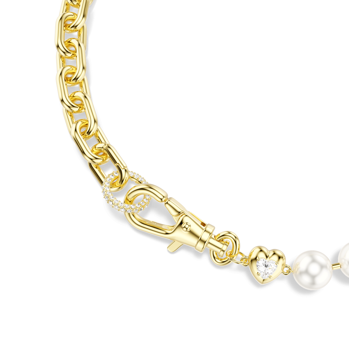 Here’s a revised version of the sentence using your product data: Close-up of the Swarovski Idyllia necklace: crafted with luminous white Swarovski Crystal Pearls, an 18K gold finish chain featuring a lobster clasp, and circular links accented with small clear crystals. An elegant gold heart charm set with a sparkling gem adds sophistication to this customizable carrier jewelry—perfect for showcasing your favorite charms.