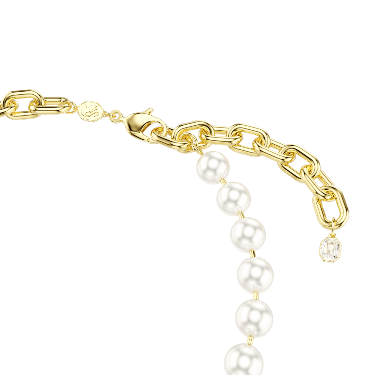 The Swarovski Idyllia necklace by Swarovski showcases luminous crystal pearls strung along a gold-finished chain with a lobster clasp, elegantly completed with a delicate gemstone charm at the end. This customizable piece is photographed against a crisp white background.