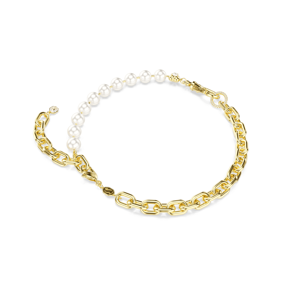 The Swarovski Idyllia necklace, featuring lustrous white crystal pearls and an 18K gold finish, is displayed on a plain white background. This elegant and customizable piece of jewelry by Swarovski showcases half gold links paired with half white Swarovski Crystal Pearls, finished with a lobster clasp—perfect for elevating any look.