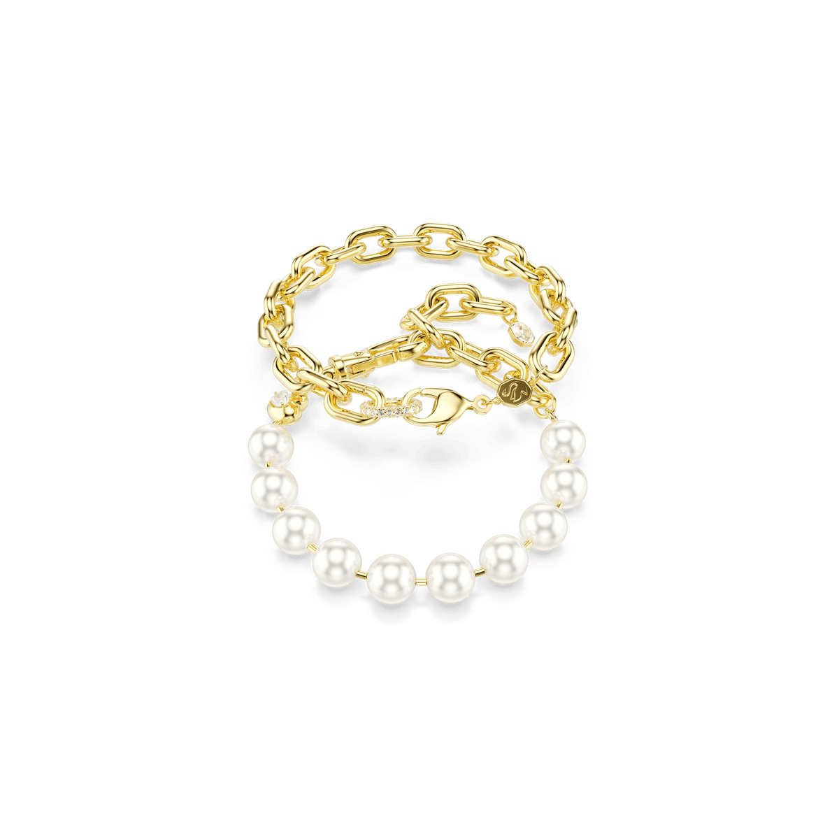 Two bracelets—one with large gold chain links and the other featuring round white Swarovski Crystal Pearls and a gold clasp—are displayed on a plain white background. These elegant pieces pair beautifully with jewelry from Swarovski or can be layered with the Swarovski Idyllia necklace featuring white crystal pearls and an 18K gold finish, for a refined, personal touch.