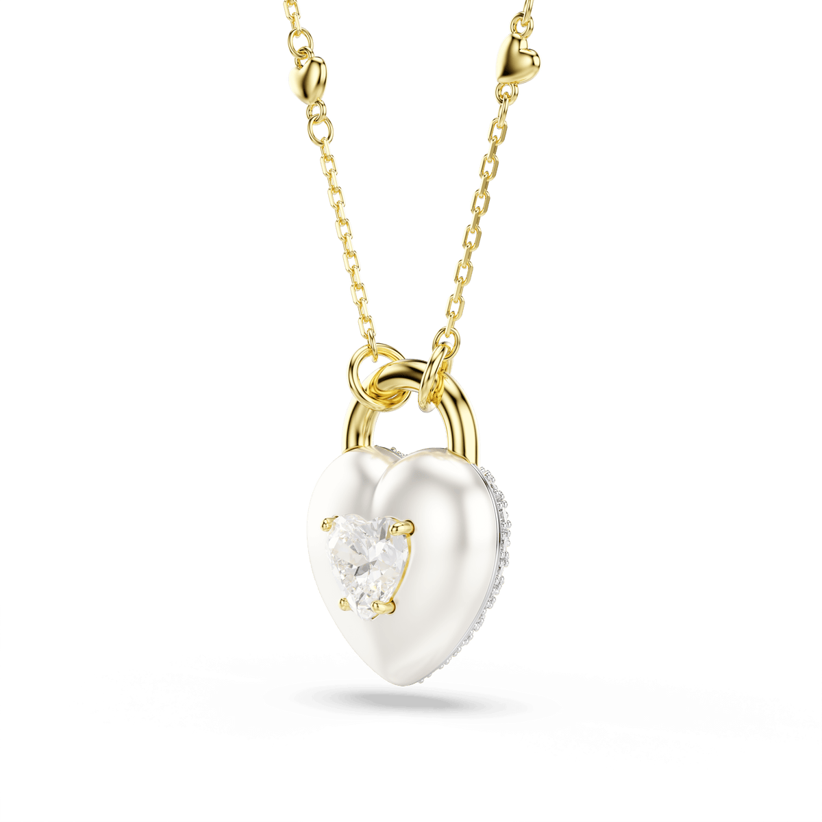 Introducing the Swarovski Idyllia pendant: an elegant necklace crafted in an 18K gold finish, featuring mixed-cut heart details and a central heart-shaped Swarovski Zirconia gemstone—perfect for adding a romantic touch to any look.