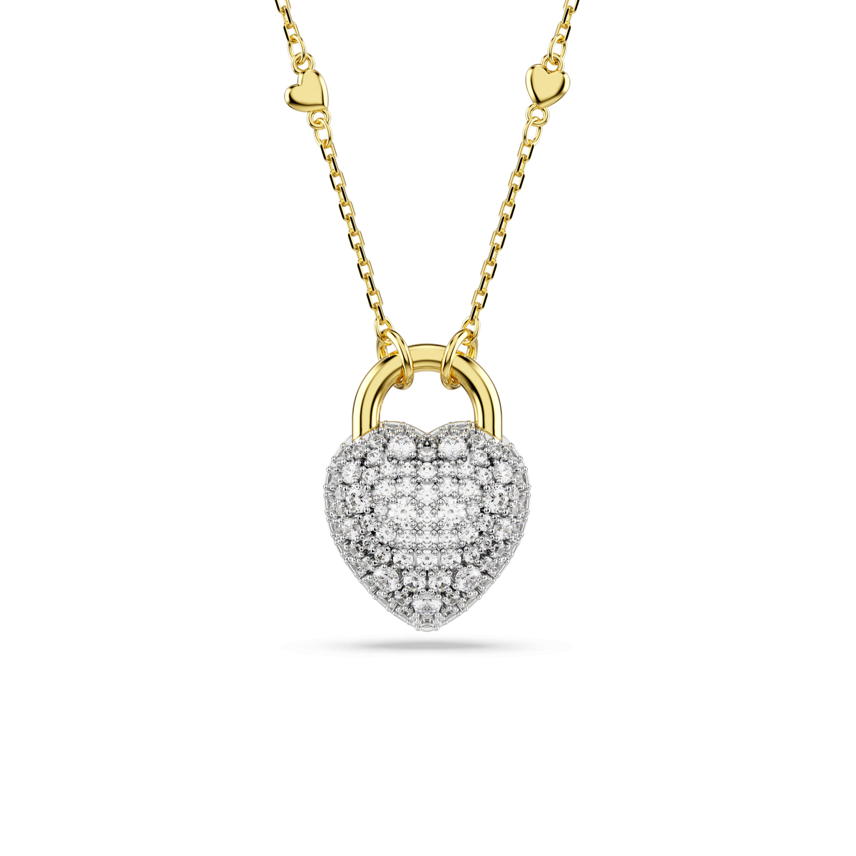Introducing the Swarovski Idyllia pendant: an elegant heart-shaped necklace adorned with mixed-cut Swarovski Zirconia and finished in luxurious 18K gold. The chain features delicate heart accents near the clasp, adding a romantic touch to this timeless piece from Swarovski.