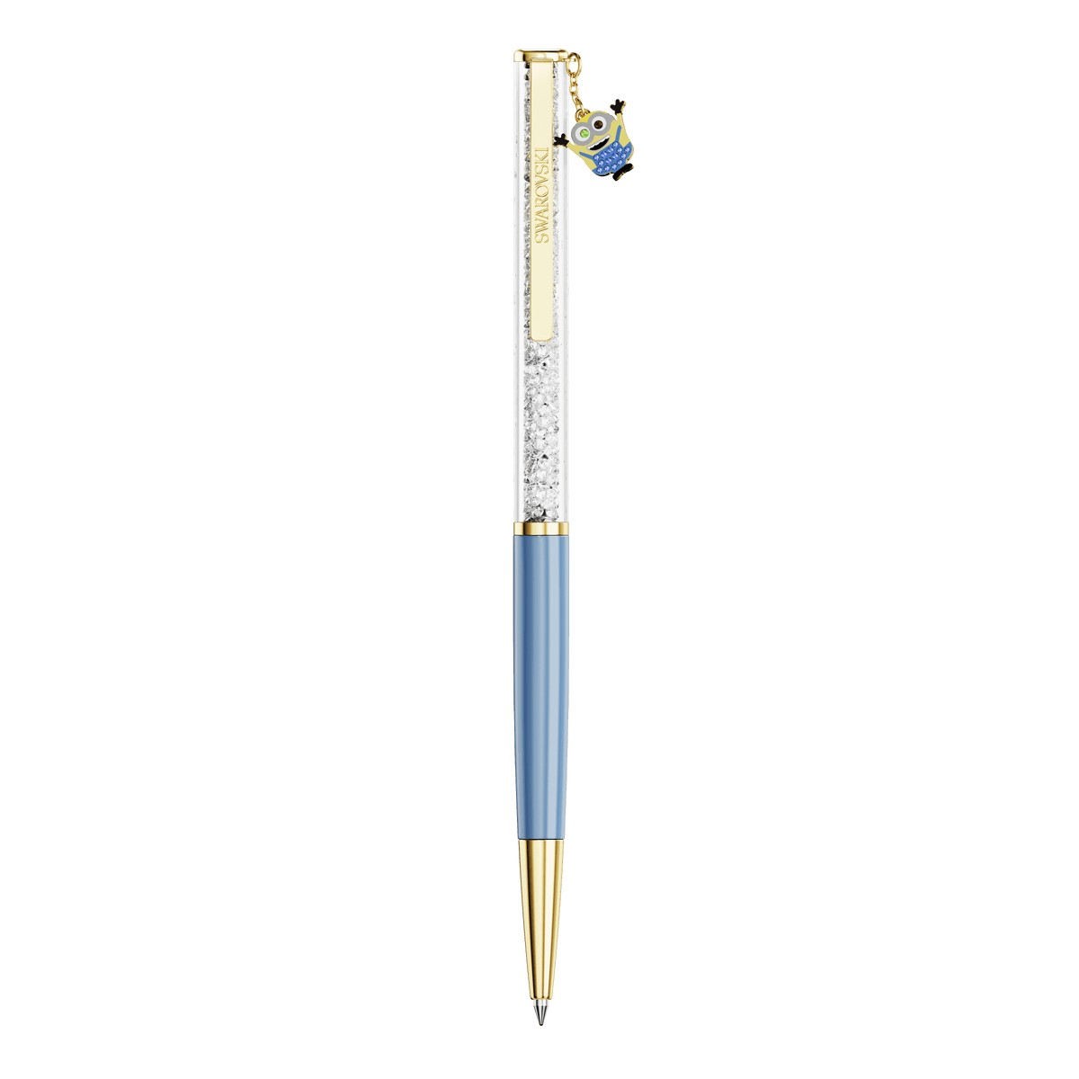 The Swarovski Crystalline ballpoint pen, Minions edition, features a blue and gold-tone plated design with a transparent barrel filled with sparkling crystals and is adorned with a charming Minions Bob charm, combining playful character appeal with signature Swarovski elegance.