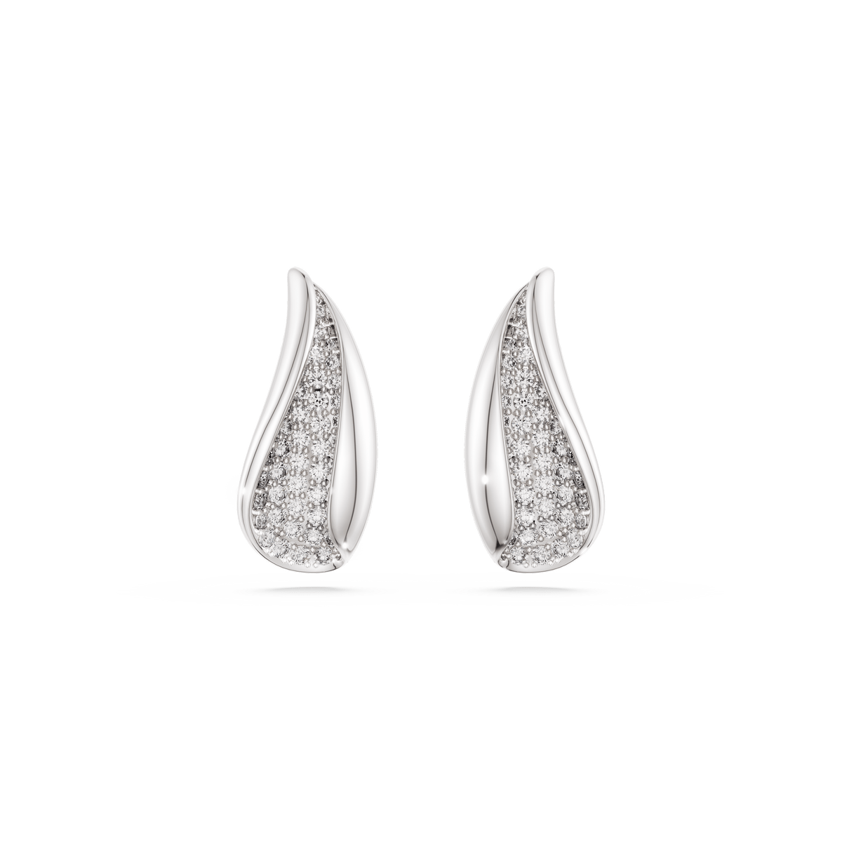 Introducing the Swarovski Classica drop earrings: exquisite sterling silver teardrop-shaped earrings featuring a waved design. One side is adorned with pave-set, sparkling round-cut Swarovski Zirconia stones, while the other boasts a smooth polished finish—an elegant look inspired by classic calla lily jewelry.