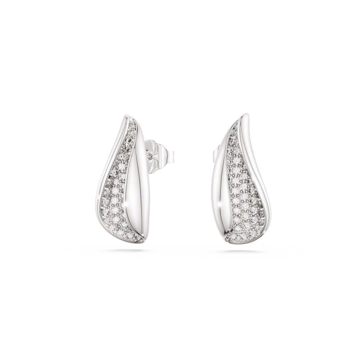 A pair of Swarovski Classica drop earrings, crafted from sterling silver in an elegant teardrop shape with a graceful curved design, each adorned with round-cut, sparkling Swarovski Zirconia stones.