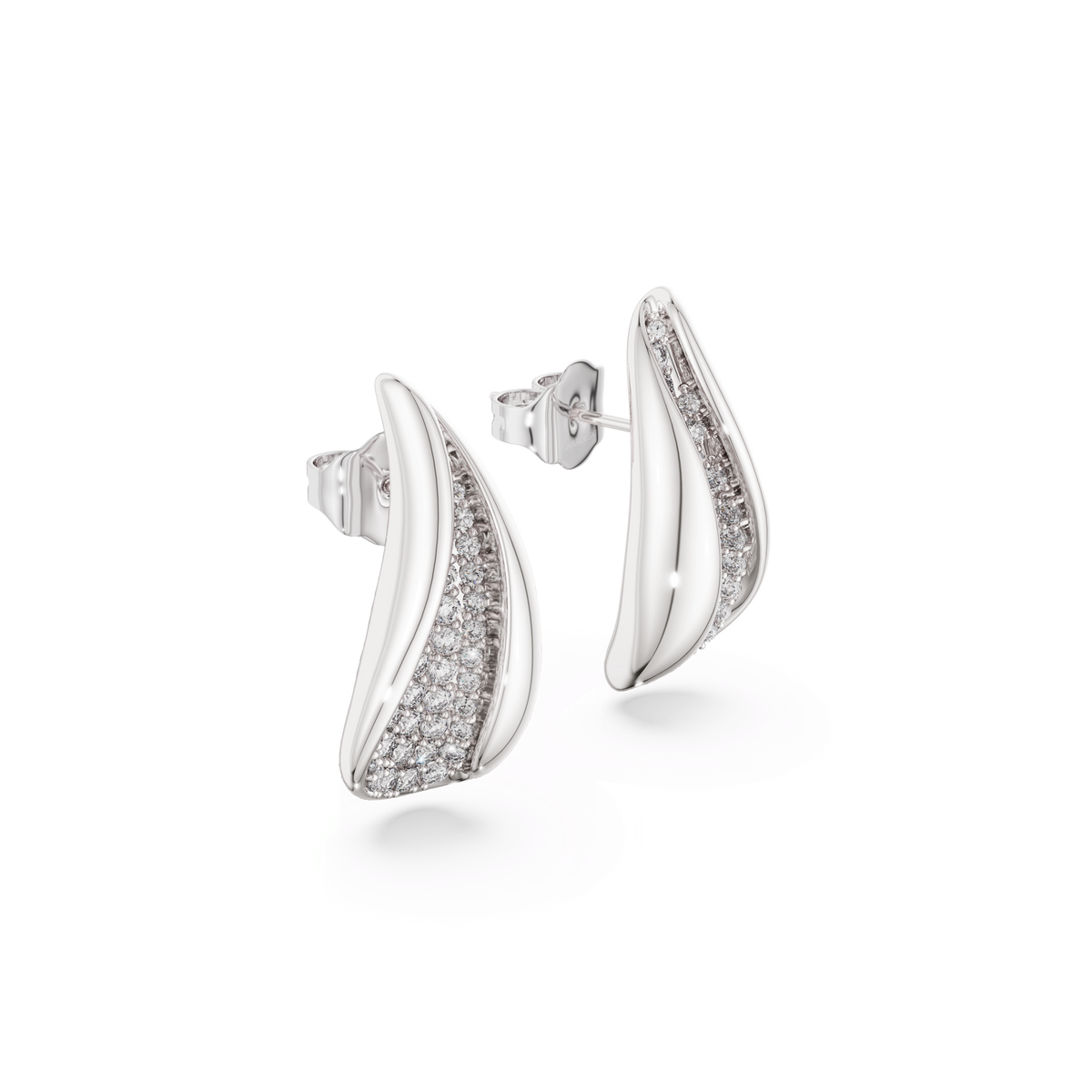 A pair of Swarovski Classica drop earrings crafted in sterling silver, featuring a sleek, curved design inspired by calla lilies and adorned with round-cut, sparkling white Swarovski Zirconia gemstones, showcased against a white background.