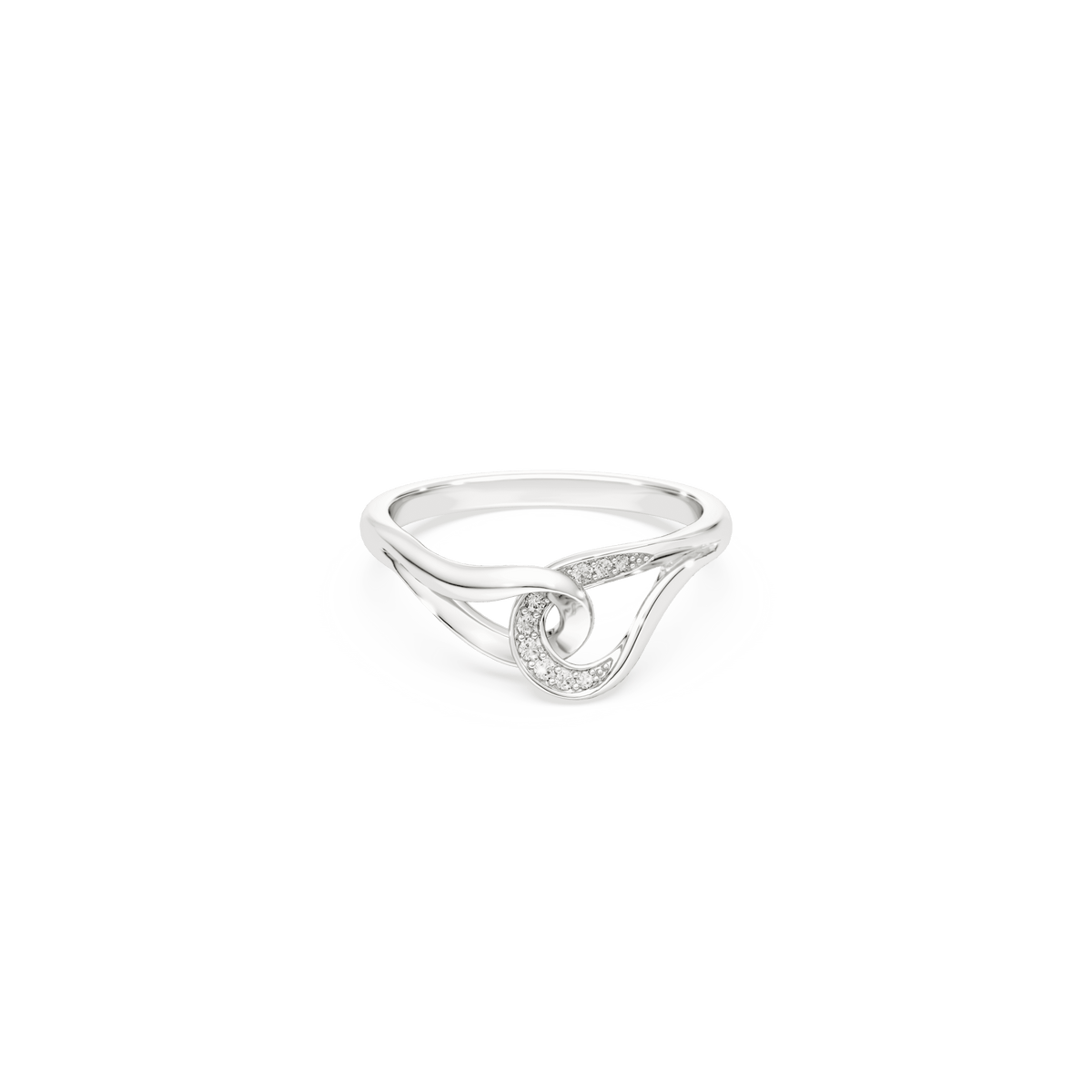 The Swarovski Classica ring showcases an elegant interlocking design crafted in sterling silver, with round-cut white stones sparkling along one curve—an exquisite piece set against a plain white background.