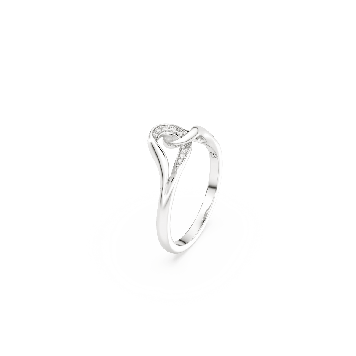 The Swarovski Classica ring features an interlocking design in sterling silver, adorned with round-cut white stones, capturing the elegance of the Swarovski brand and showcased against a white background.