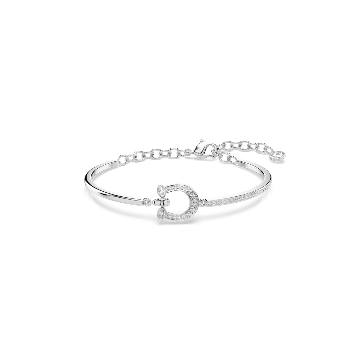 The Swarovski Symbolica bracelet is a rhodium plated bangle featuring a horseshoe-shaped charm adorned with pavé white stones, displayed against a plain white background.