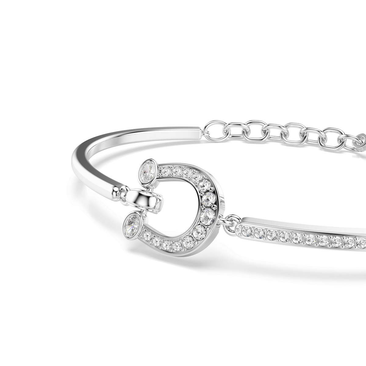 The Swarovski Symbolica bracelet features a pavé horseshoe charm adorned with white crystals, complemented by rhodium plating and an adjustable chain clasp, making it a perfect lucky charm accessory from Swarovski.