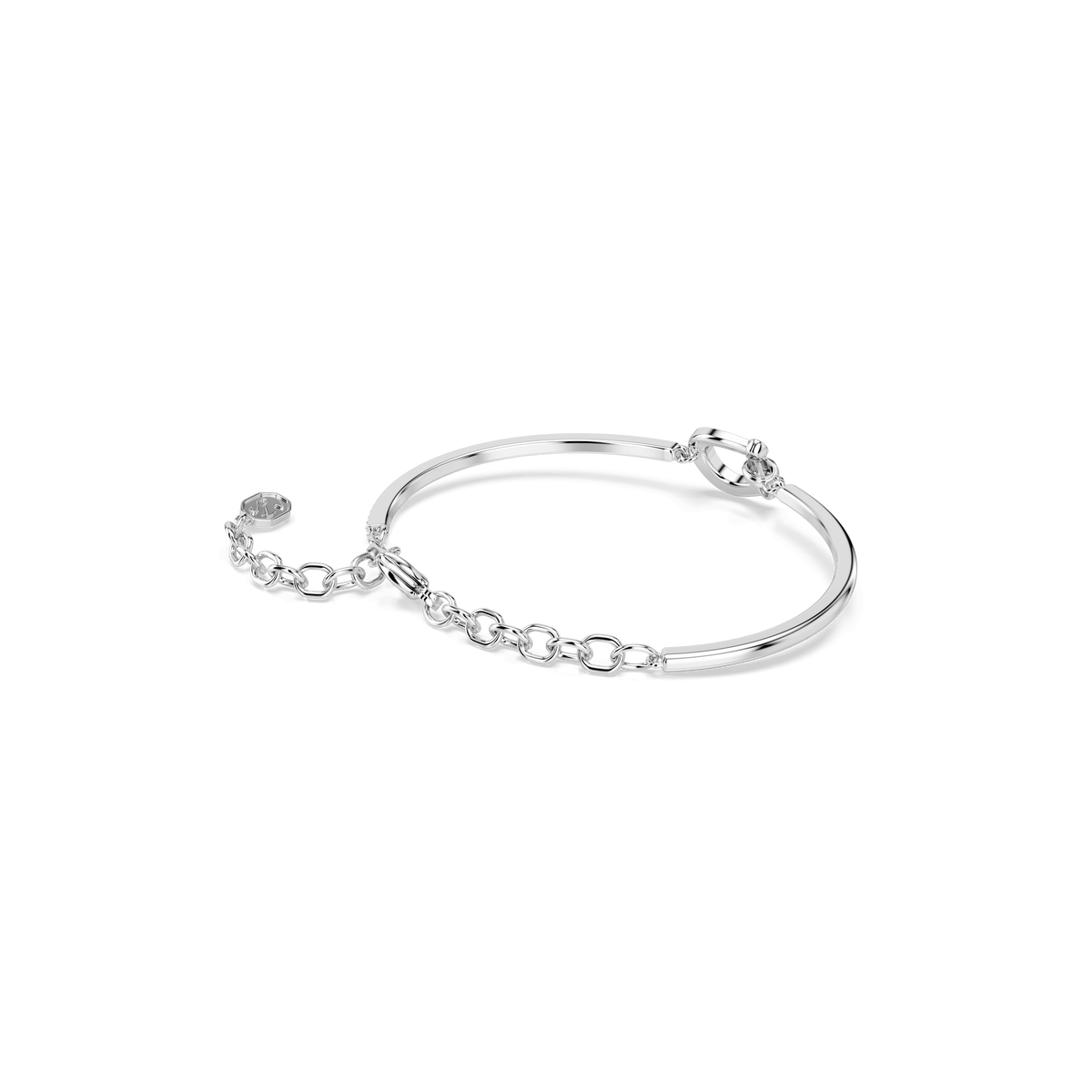 A Swarovski Symbolica bracelet featuring a pavé horseshoe design, crafted in rhodium plating with a solid curved band, chain link extension, and round clasp, presented on a plain white background.