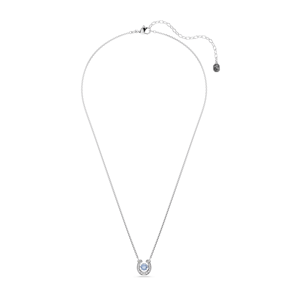 Swarovski Symbolica pendant, featuring a delicate rhodium-plated chain and a stylish horseshoe charm adorned with round cut pavé detailing and a captivating blue stone at the center, elegantly displayed on a plain white background.