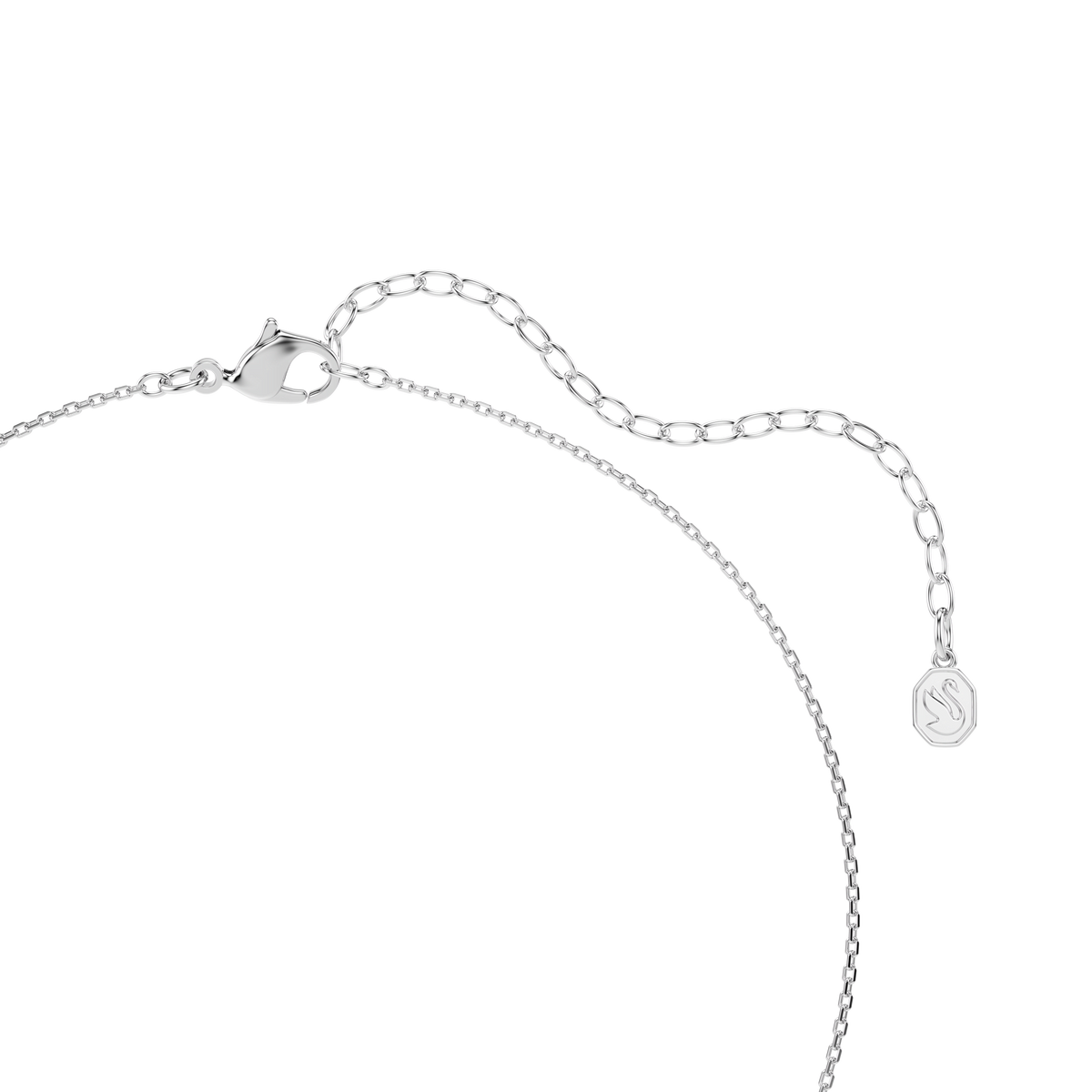 Discover the Swarovski Symbolica pendant: a rhodium-plated necklace showcasing a pavé horseshoe centerpiece with dazzling blue round cut crystals. The delicate silver-toned chain features an adjustable extension with a small, engraved charm and secures with a lobster clasp. Presented against a plain white background, this piece combines timeless elegance with Swarovski’s signature sparkle.