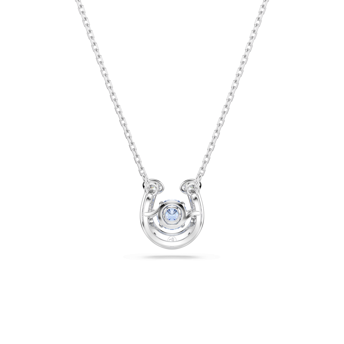 A Swarovski Symbolica pendant necklace featuring a round cut blue stone and pavé accents in a horseshoe design, rhodium plated, displayed on a plain white background.