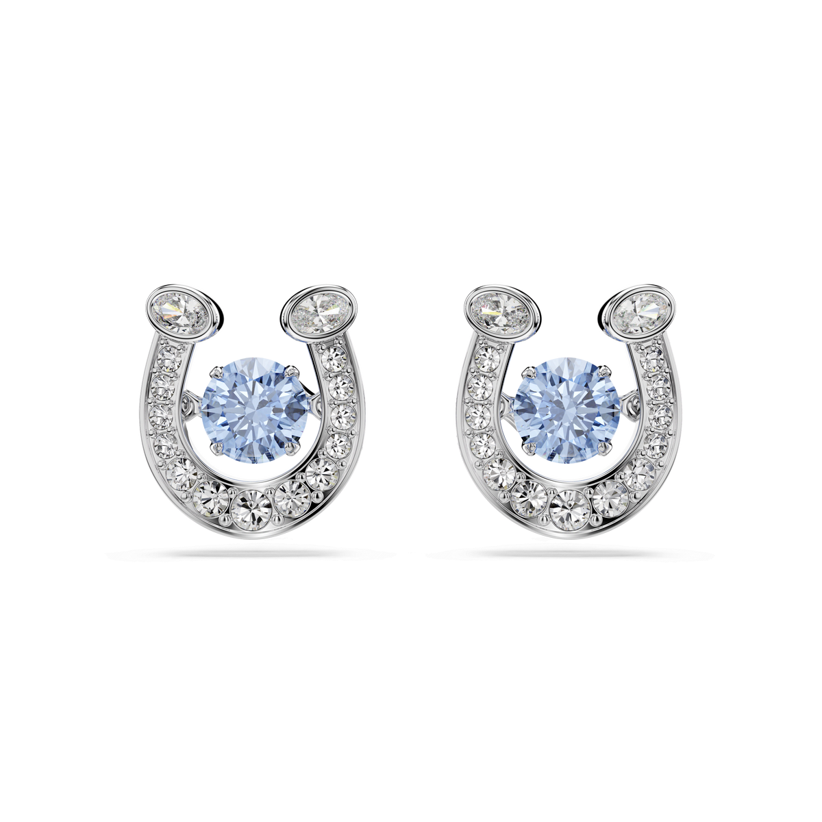 A pair of Swarovski Symbolica stud earrings, crafted in a horseshoe shape with a rhodium plated finish, featuring sparkling pavé clear stones and a prominent central round-cut blue “dancing” stone, displayed against a white background.