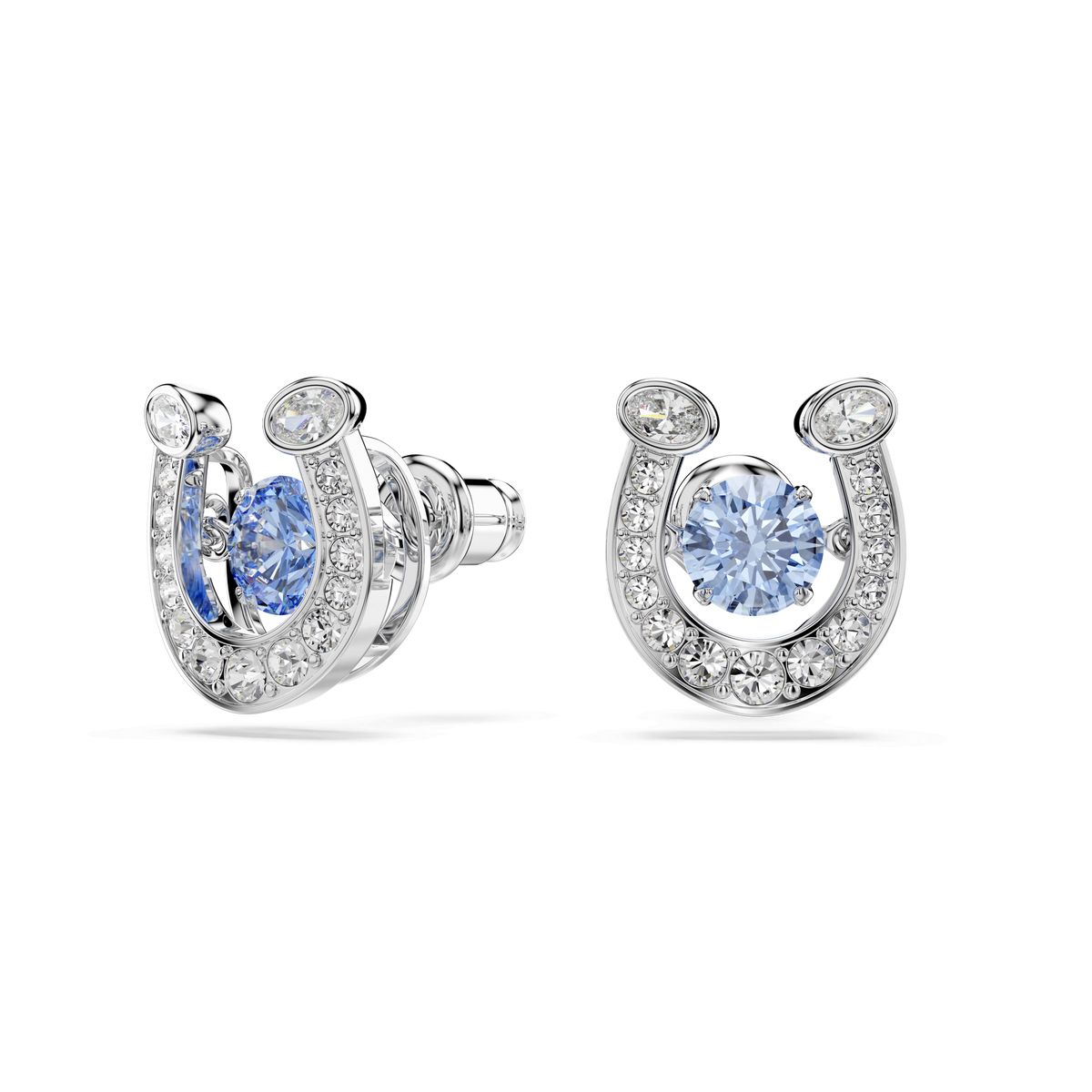 A pair of Swarovski Symbolica stud earrings, featuring round-cut pavé horseshoe designs with blue accents and rhodium plating, set against a white background.