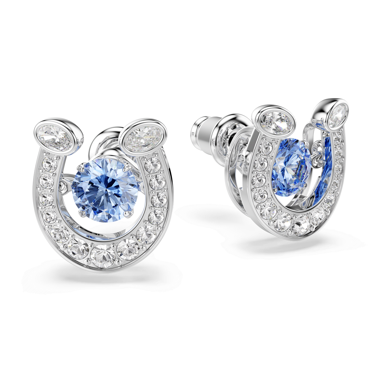 These Swarovski Symbolica stud earrings feature a horseshoe design crafted in rhodium plating, adorned with clear pavé round-cut gemstones and highlighted by a striking blue center stone for dazzling sparkle.