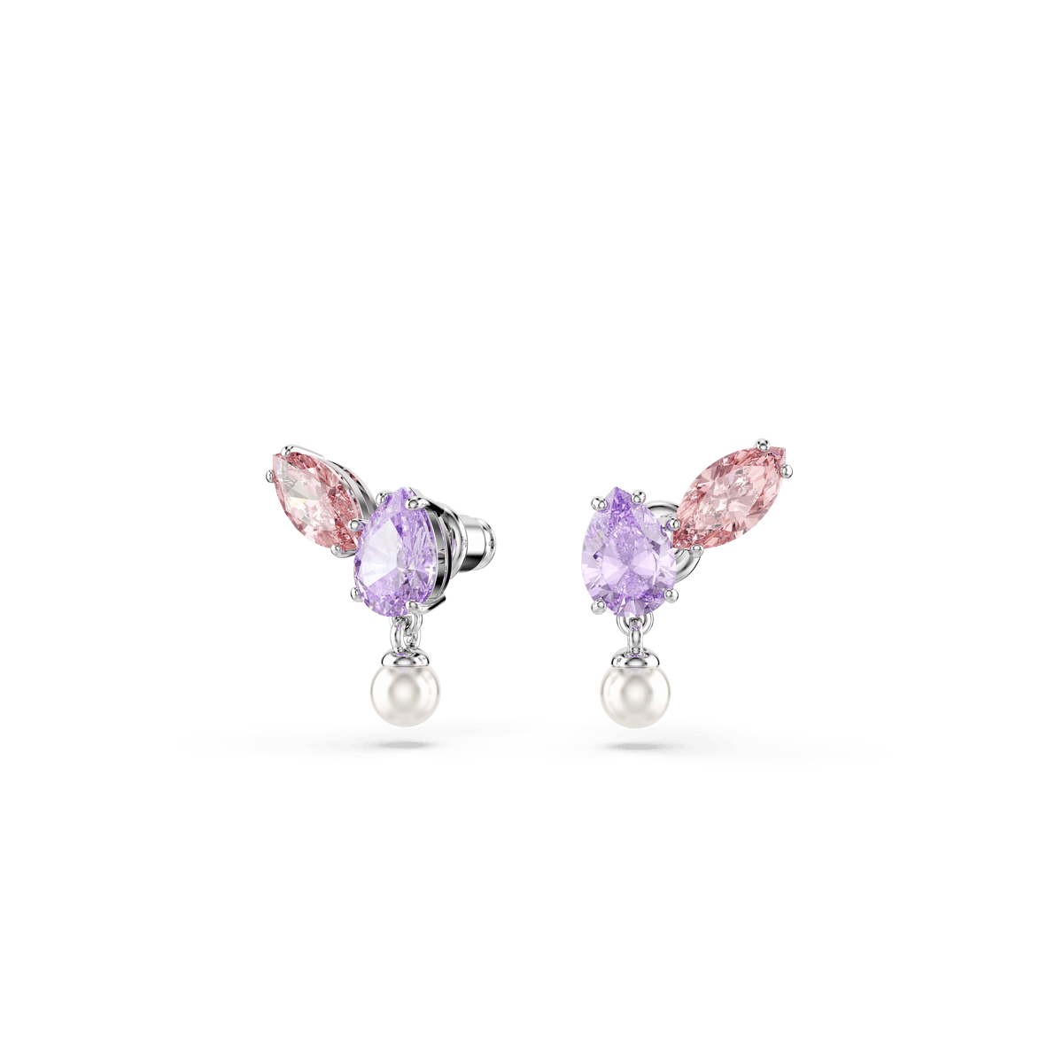 The Swarovski Ariana Grande x Swarovski stud earrings feature two marquise-cut gemstones in pink and purple, accented by a small round pearl dangling below each, all set in rhodium-plated metal. They are displayed on a plain white background.