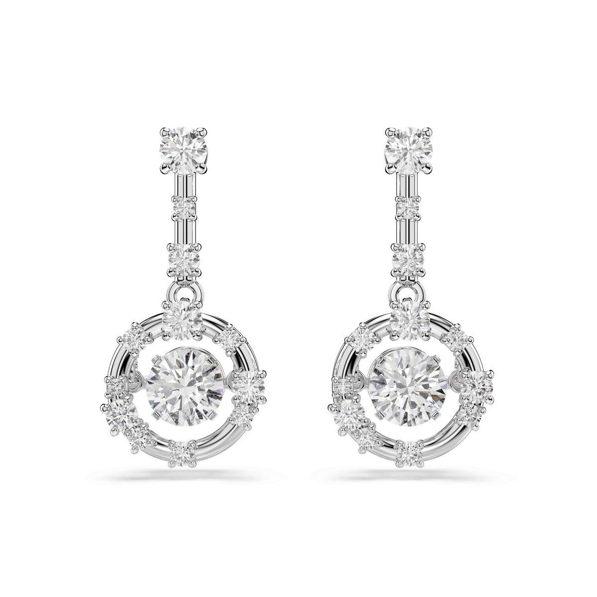 Introducing the Swarovski Constella drop earrings by Swarovski, featuring round-cut dancing stones with brilliant white Swarovski Zirconia, elegantly set in rhodium-plated metal.