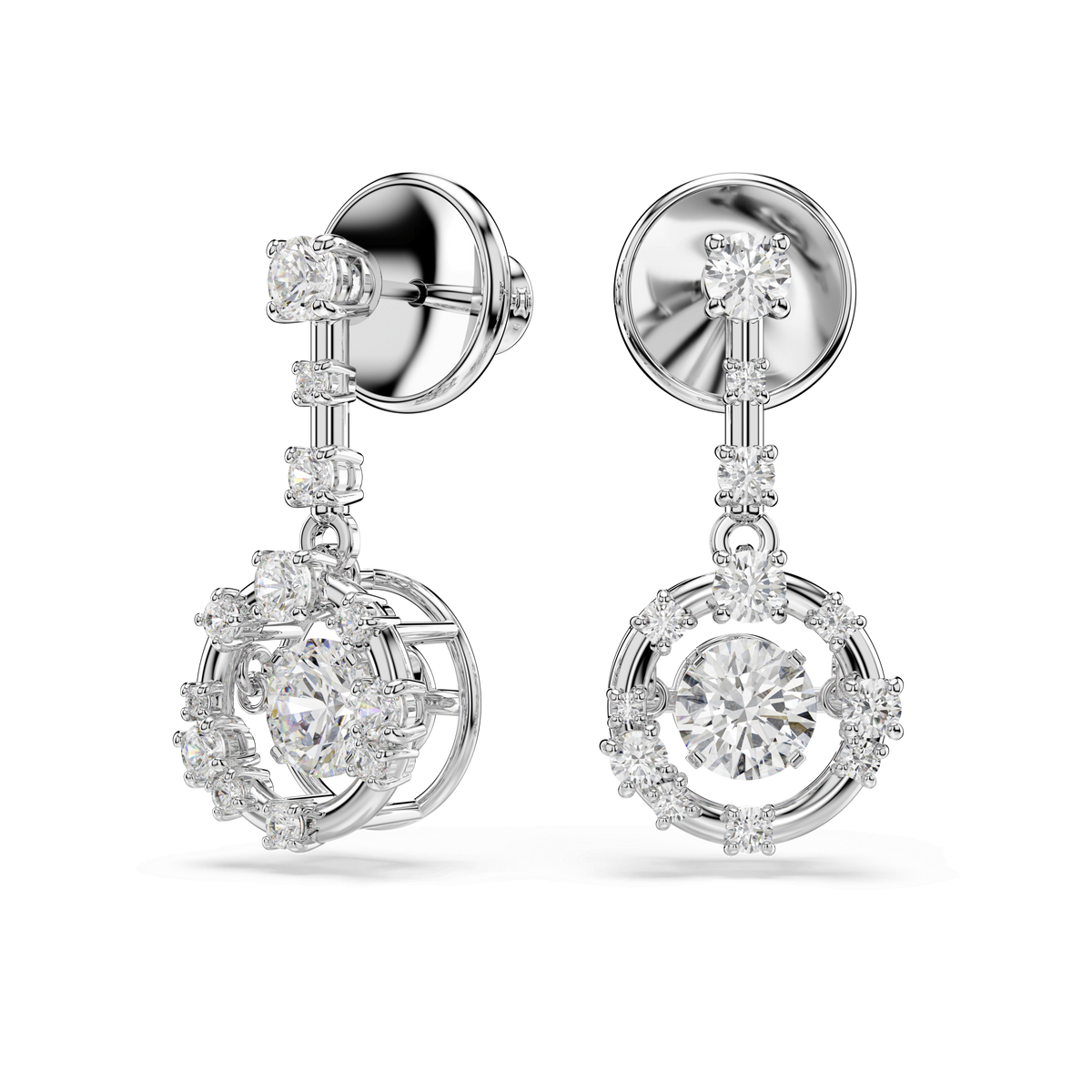 Introducing the Swarovski Constella drop earrings by Swarovski—rhodium plated and featuring a brilliant round cut central dancing stone surrounded by smaller sparkling stones, with elegant geometric and floral detailing.