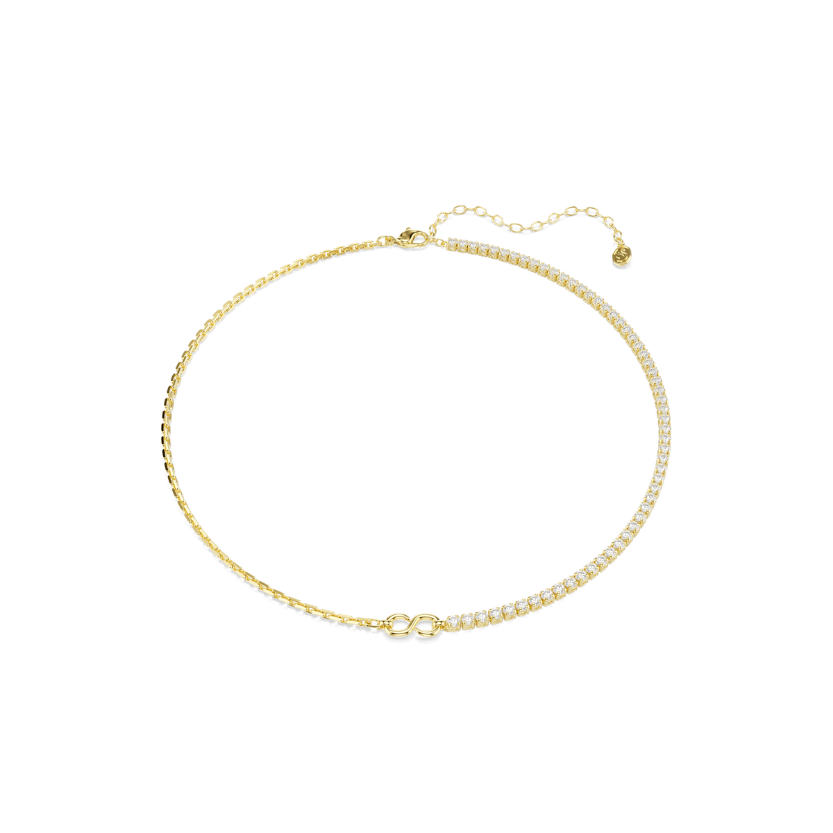 Introducing the Swarovski Matrix necklace: a refined piece featuring a round cut white stone and finished in elegant 18K gold. One half of the necklace showcases a classic chain, while the other sparkles with shimmering Swarovski Zirconia stones. An adjustable clasp ensures a perfect fit, and an infinity symbol at the center adds timeless appeal—all expertly crafted by Swarovski.