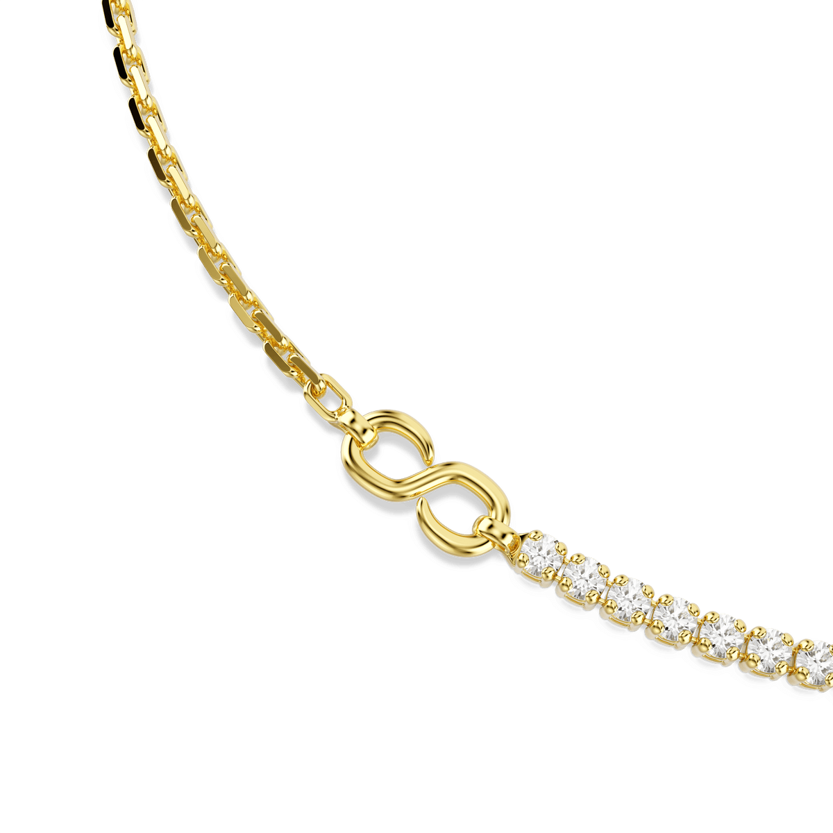 Close-up of the Swarovski Matrix necklace, showcasing its 18K gold-finished chain with a clasp shaped like an infinity symbol and one side adorned with sparkling round-cut white Swarovski Zirconia stones for added brilliance.